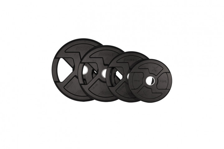 THE ESSENTIALS - Black Rubber X-Grips Olympic Plates KIT w/ grips with stainless steel inner ring - 107.5 Kg.